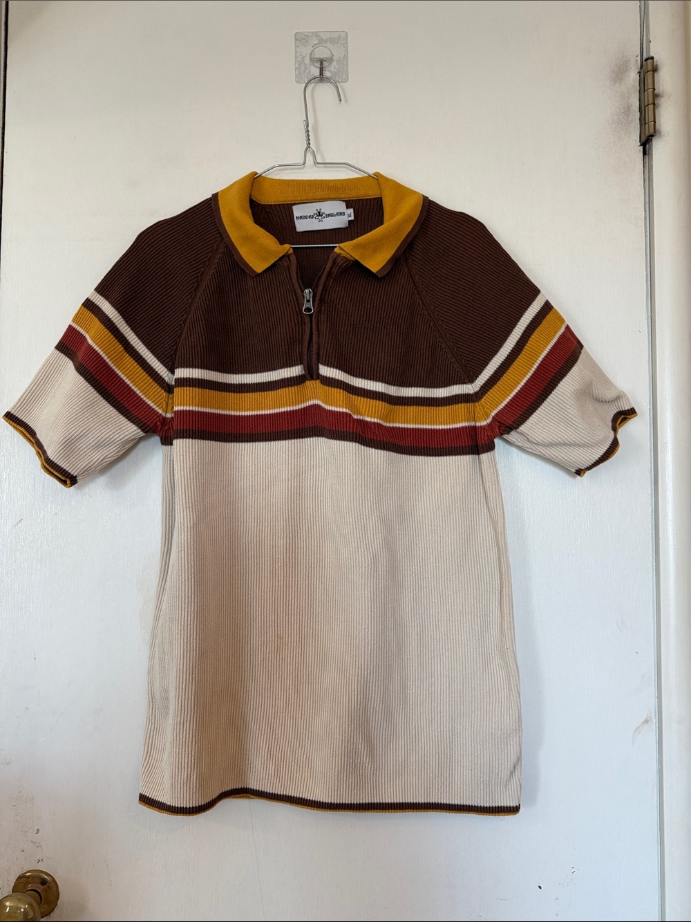 Madcap England Vtg Retro Men's Half-Zip Polo in Brown, Mustard & Cream Men's Med
